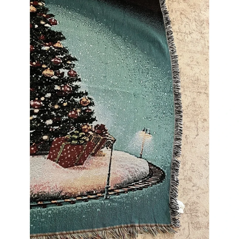 Christmas Tree Tapestry Throw Blanket Holiday Train Blue Green 58